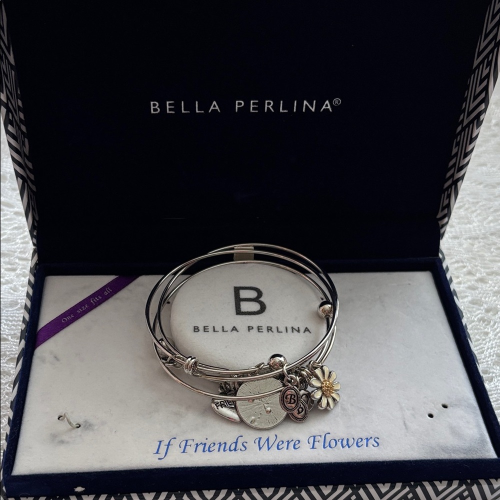 bella Perlina Silver-Tone Layered Charm Bangle Bracelet with Daisy Accent
